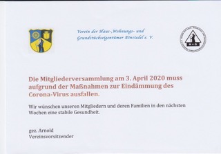 H+G Absage Mitgliederversammlung wegen Corona-Pandemie April 2020